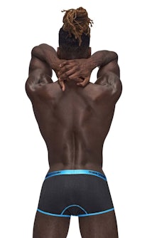 the back of a man wearing a black and blue boxer brief
