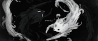 a black and white drawing of a black cat and a white cat