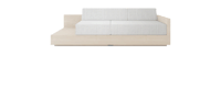 a sofa with a wooden frame and white cushions