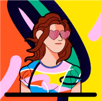 an illustration of a woman with glasses and a colorful background