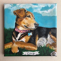 a painting of a dog laying in the grass