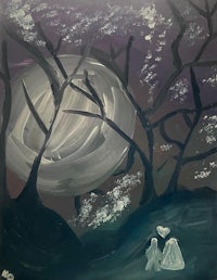 a painting of a couple under a full moon in the woods