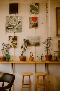 a coffee shop with potted plants and paintings on the wall