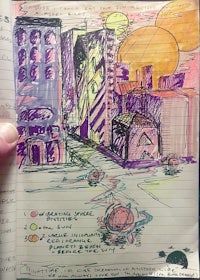 a hand holding a notebook with a drawing of a city