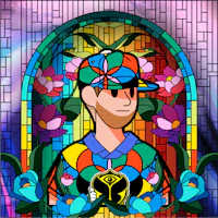 a stained glass image of a man in a baseball cap