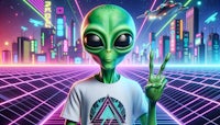 an alien in a t - shirt is holding a peace sign in front of a city
