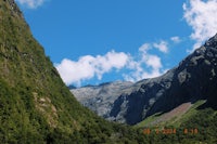 a green valley with trees and a blue sky