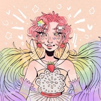 a drawing of a girl with pink hair and a crown