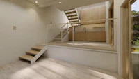 a 3d rendering of a small house with stairs and a kitchen