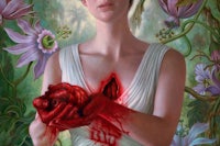 a painting of a woman holding a red heart