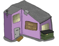 a cartoon image of a house with a sign that says good luck