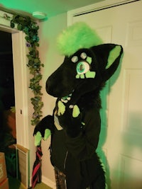 a black and green teddy bear mascot standing in front of a door
