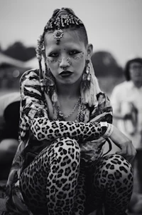 a woman in a leopard print outfit sits on a bench