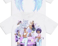 a white t - shirt with an image of a girl with wings