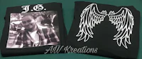 a black t - shirt with a photo of a man with wings