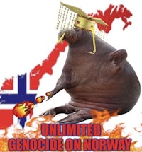 a walrus wearing a crown with the words unlimited genocide on norway