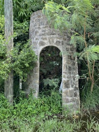 an old stone wall in the middle of a garden