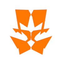 an orange logo with two triangles in the shape of a cat