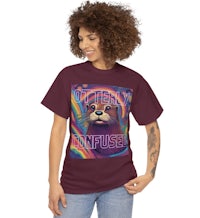 a woman wearing a burgundy t - shirt that says, i'm not in control