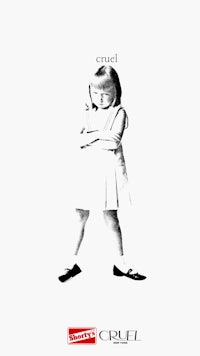 a black and white poster of a girl with her arms crossed