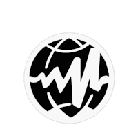 a white logo with a circle in the middle