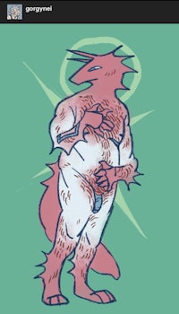 a drawing of a red dragon with a green background