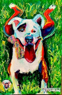 a painting of a white dog laying in the grass