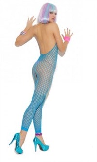 a sexy woman in a blue fishnet bodysuit