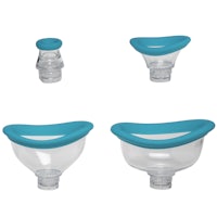 a set of four clear bowls with blue lids