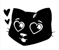 a black cat with hearts on its face
