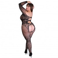 a woman in a black lace bodystocking
