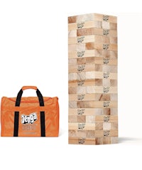 a wooden tower with a bag next to it