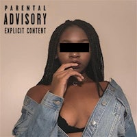a woman in a denim jacket with the words parental advisory expose content