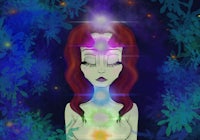 a woman in a forest with chakras on her head