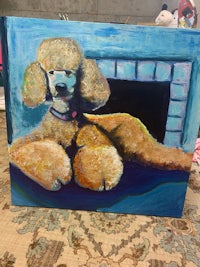 a painting of a poodle laying on a rug