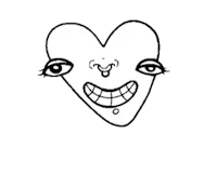 a black and white drawing of a heart with eyes