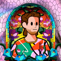 a cartoon of a man in a stained glass