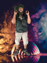 a man standing in front of smoke
