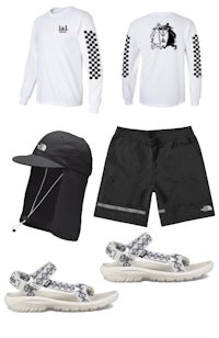 the north face tee, shorts, hat and flip flops