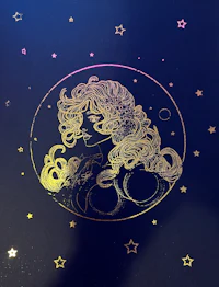 an illustration of a woman with long hair and stars on a blue background