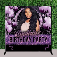 a purple birthday party backdrop with a woman's face on it
