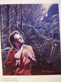 a painting of a man in a red shirt in the woods