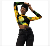 a black woman wearing a yellow and black crop top
