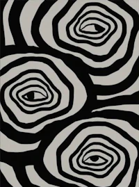 a black and white painting with three eyes on it