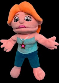 a stuffed doll with a pink hair and blue eyes