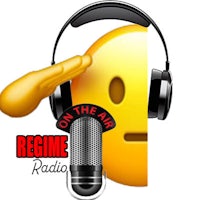 regime radio logo with headphones and a smiley face