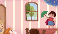 a picture of a girl holding an umbrella in a room