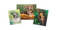 three paintings of dogs and a lizard