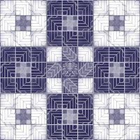 a blue and white quilt with squares and squares