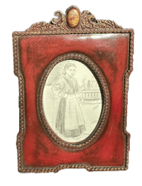 a red ornate frame with a drawing of a girl in a dress